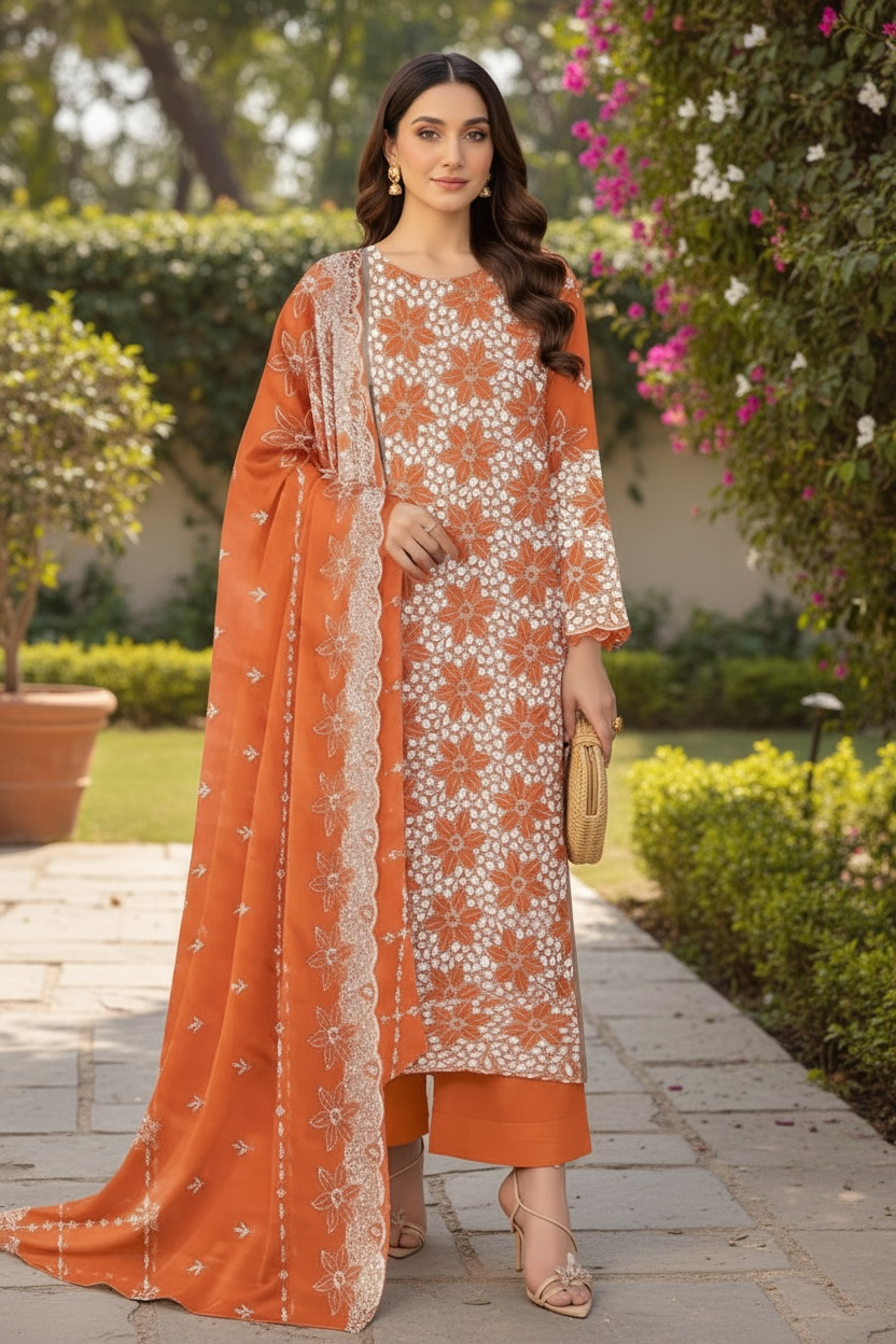 Full Chikankari Embroidered Lawn Unstitched 3pc with Embroidered Bamber Chiffon Dupatta