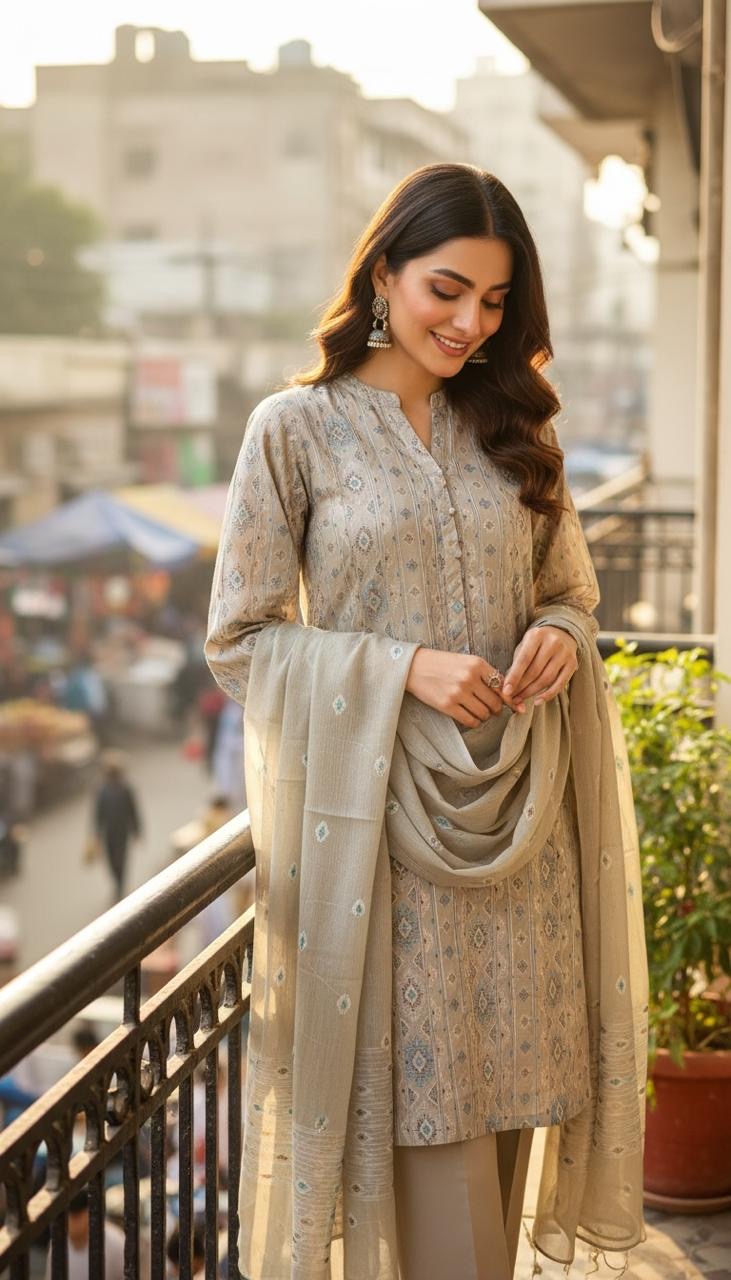 Bareeze-Lawn 3 Pcs All Over Embroidered Unstitched Suit With Embroidered Chiffon Dupatta