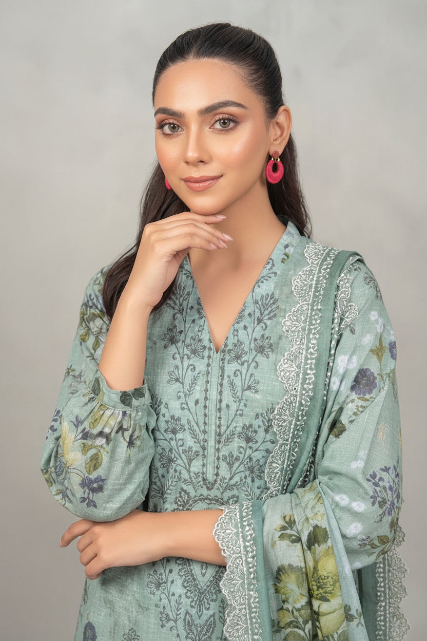 Embroidered Digital Printed Lawn Unstitched 3pc with Ready to wear Bana Dora Voil Dupatta