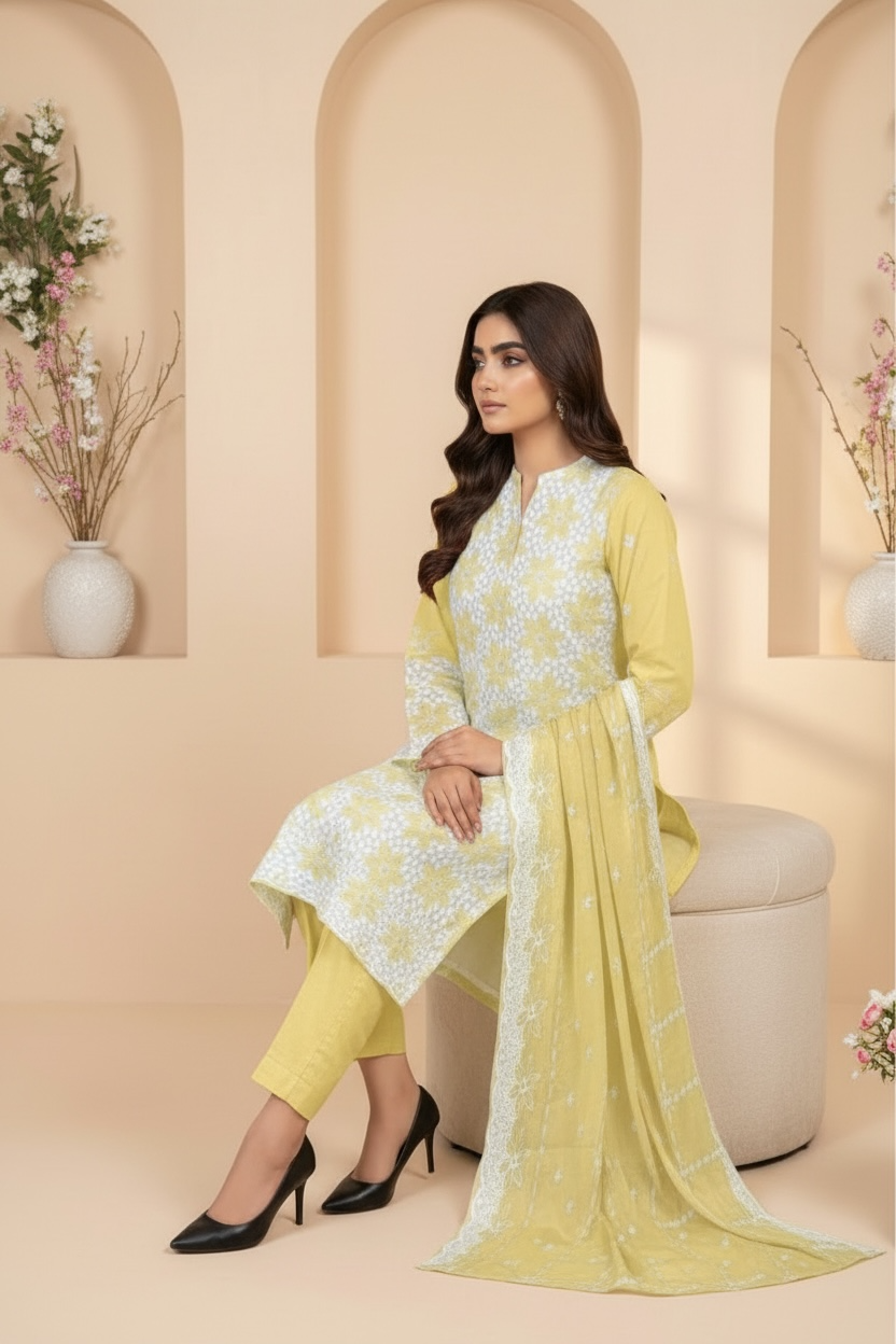 Full Chikankari Embroidered Lawn Unstitched 3pc with Embroidered Bamber Chiffon Dupatta