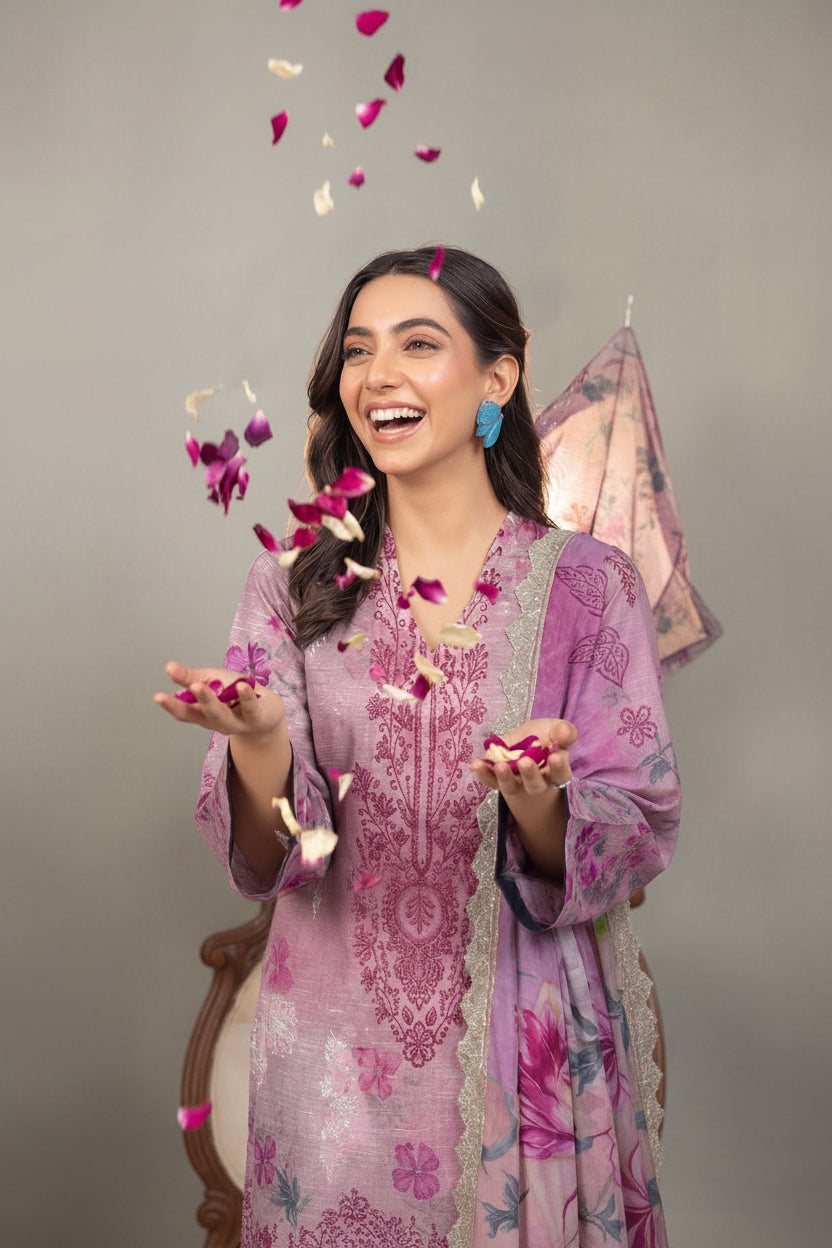 Embroidered Digital Printed Lawn Unstitched 3pc with Ready to wear Bana Dora Voil Dupatta