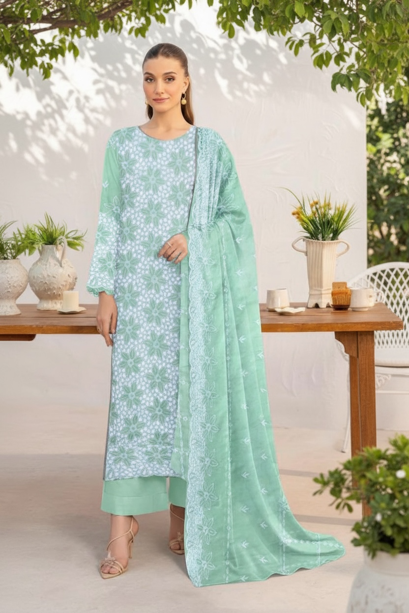Full Chikankari Embroidered Lawn Unstitched 3pc with Embroidered Bamber Chiffon Dupatta