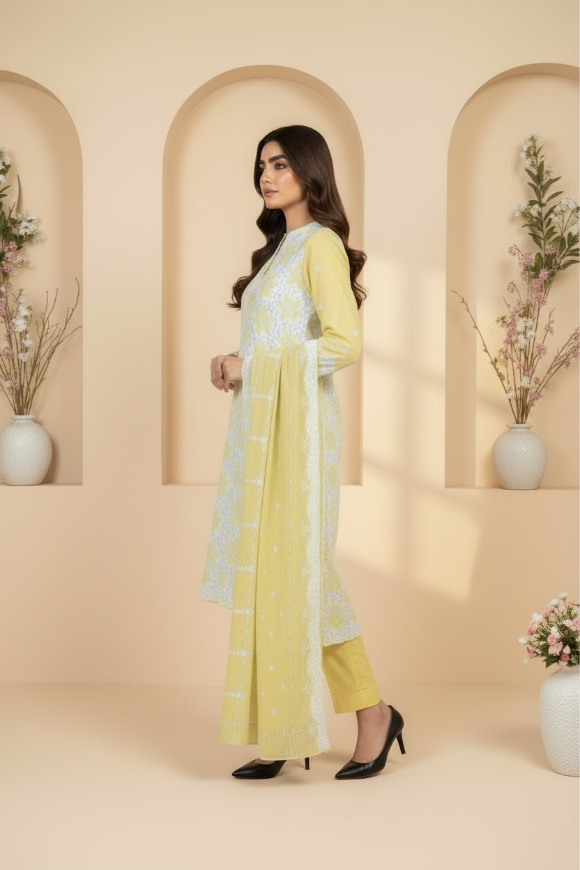 Full Chikankari Embroidered Lawn Unstitched 3pc with Embroidered Bamber Chiffon Dupatta
