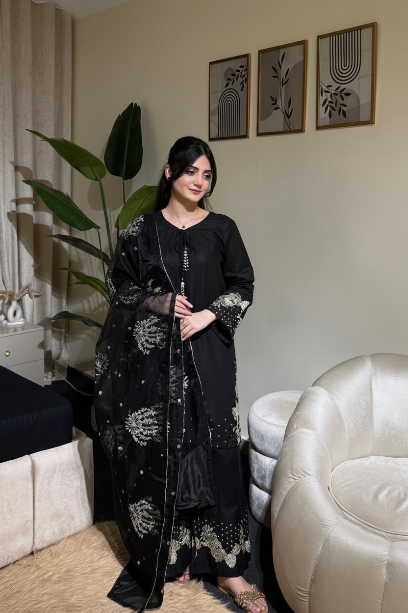 Black Orchard-Sequence Embroidered Lawn Unstitched 3pc with Sequence Embroidered Khadi Net Dupatta