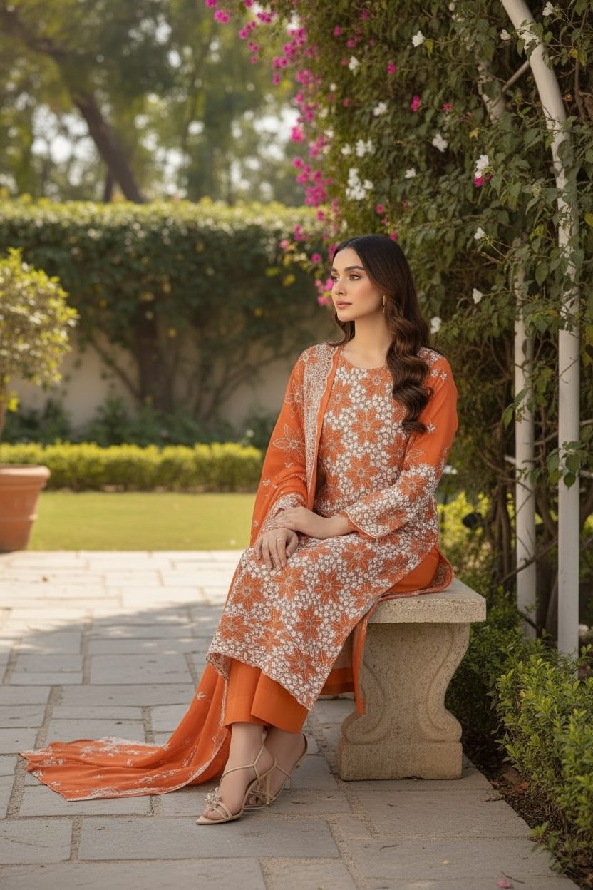 Full Chikankari Embroidered Lawn Unstitched 3pc with Embroidered Bamber Chiffon Dupatta