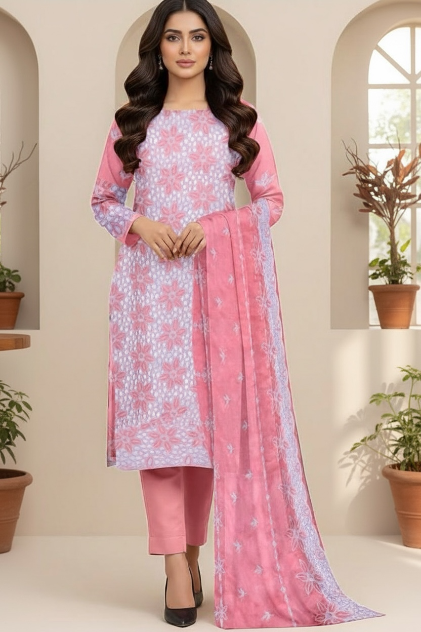 Full Chikankari Embroidered Lawn Unstitched 3pc with Embroidered Bamber Chiffon Dupatta