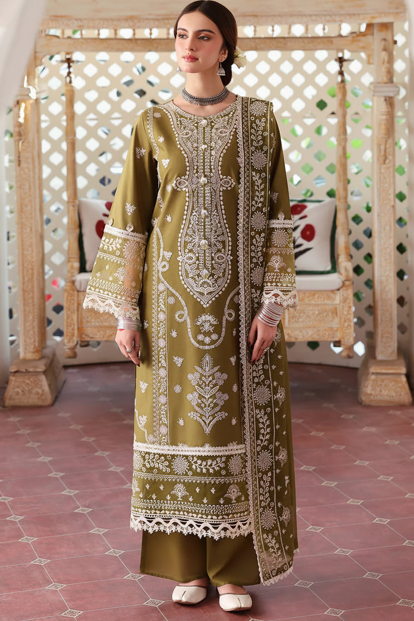 MAHNUR-Embroidered Lawn 3PC With Embroidered Dupatta
