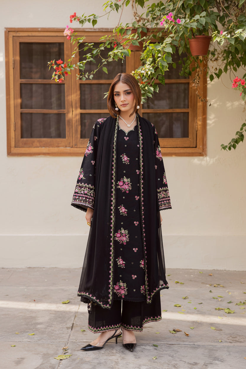 Black Pink 3Pc - Embroidered Lawn 3PC
