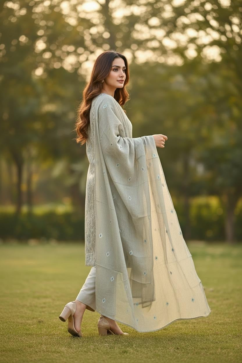 Bareeze-Lawn 3 Pcs All Over Embroidered Unstitched Suit With Embroidered Chiffon Dupatta