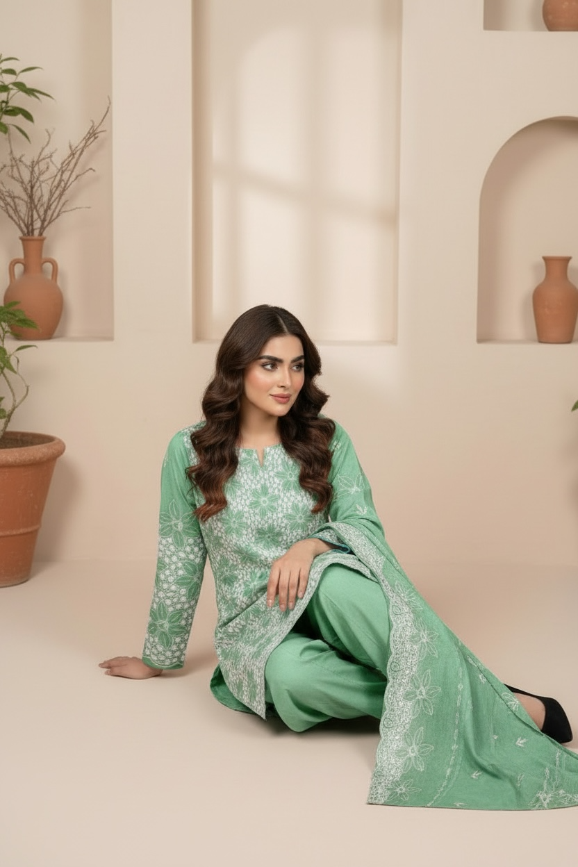 Full Chikankari Embroidered Lawn Unstitched 3pc with Embroidered Bamber Chiffon Dupatta