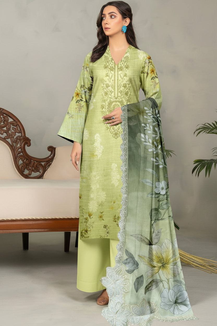 Embroidered Digital Printed Lawn Unstitched 3pc with Ready to wear Bana Dora Voil Dupatta