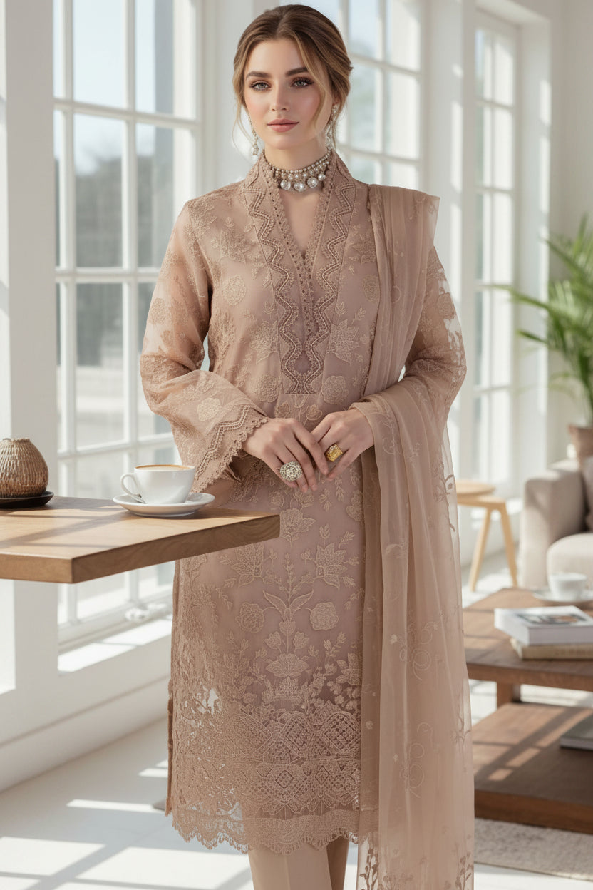 Bareeze-Lawn 3 Pcs All Over Embroidered Unstitched Suit With Embroidered Chiffon Dupatta