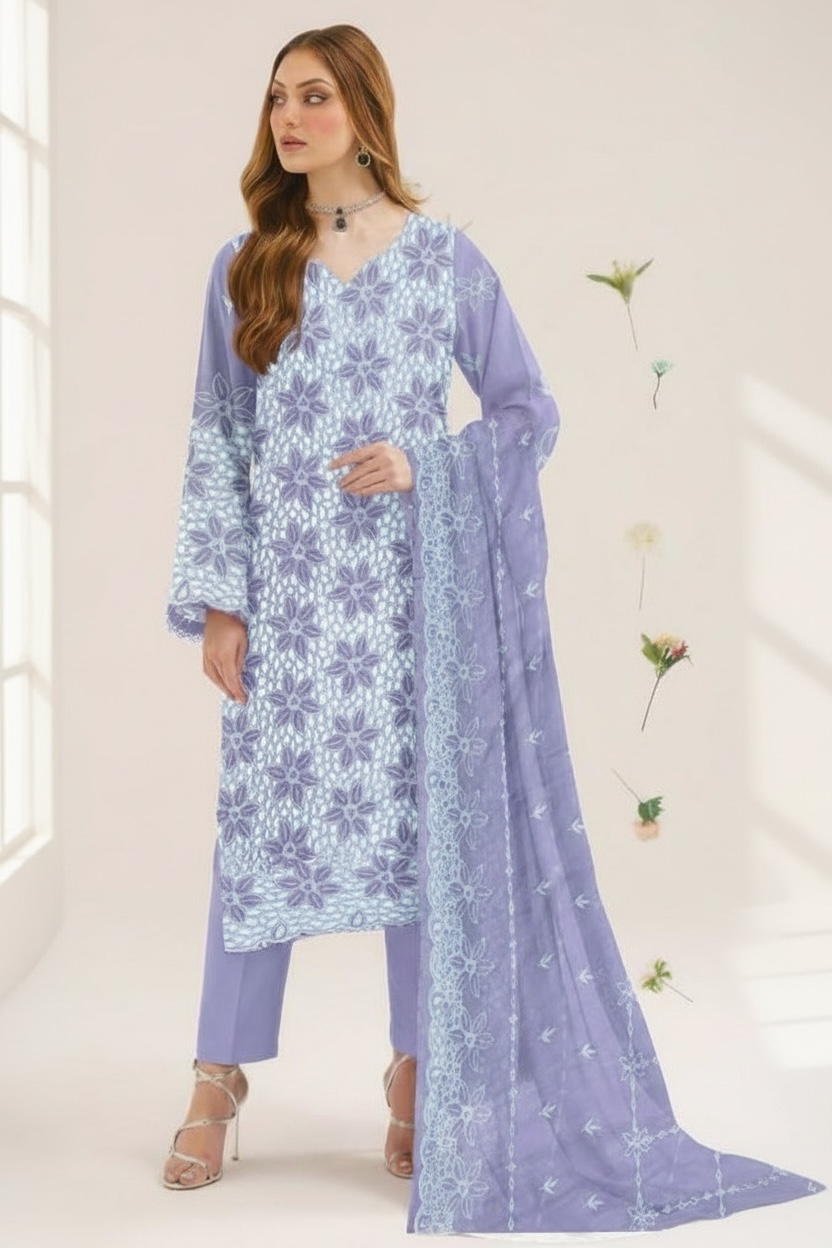 Full Chikankari Embroidered Lawn Unstitched 3pc with Embroidered Bamber Chiffon Dupatta