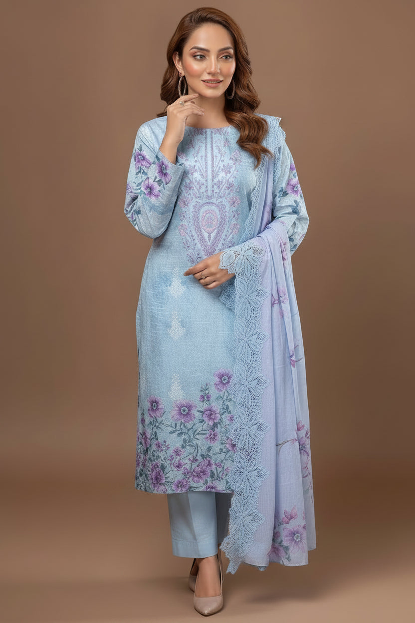 Embroidered Digital Printed Lawn Unstitched 3pc with Ready to wear Bana Dora Voil Dupatta