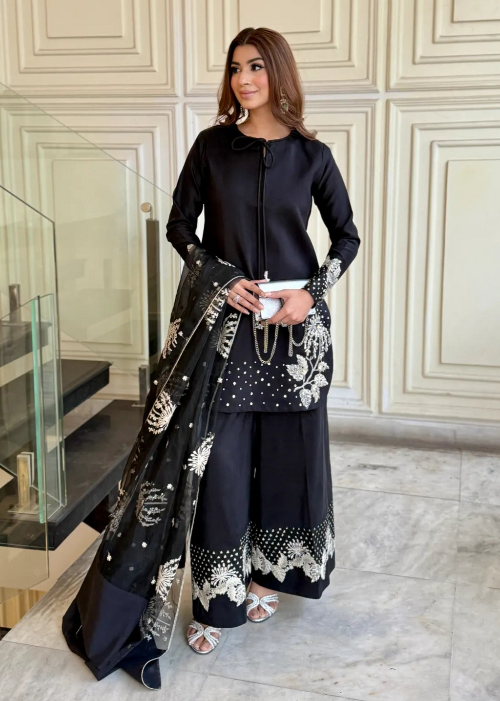 Black Orchard-Sequence Embroidered Lawn Unstitched 3pc with Sequence Embroidered Khadi Net Dupatta
