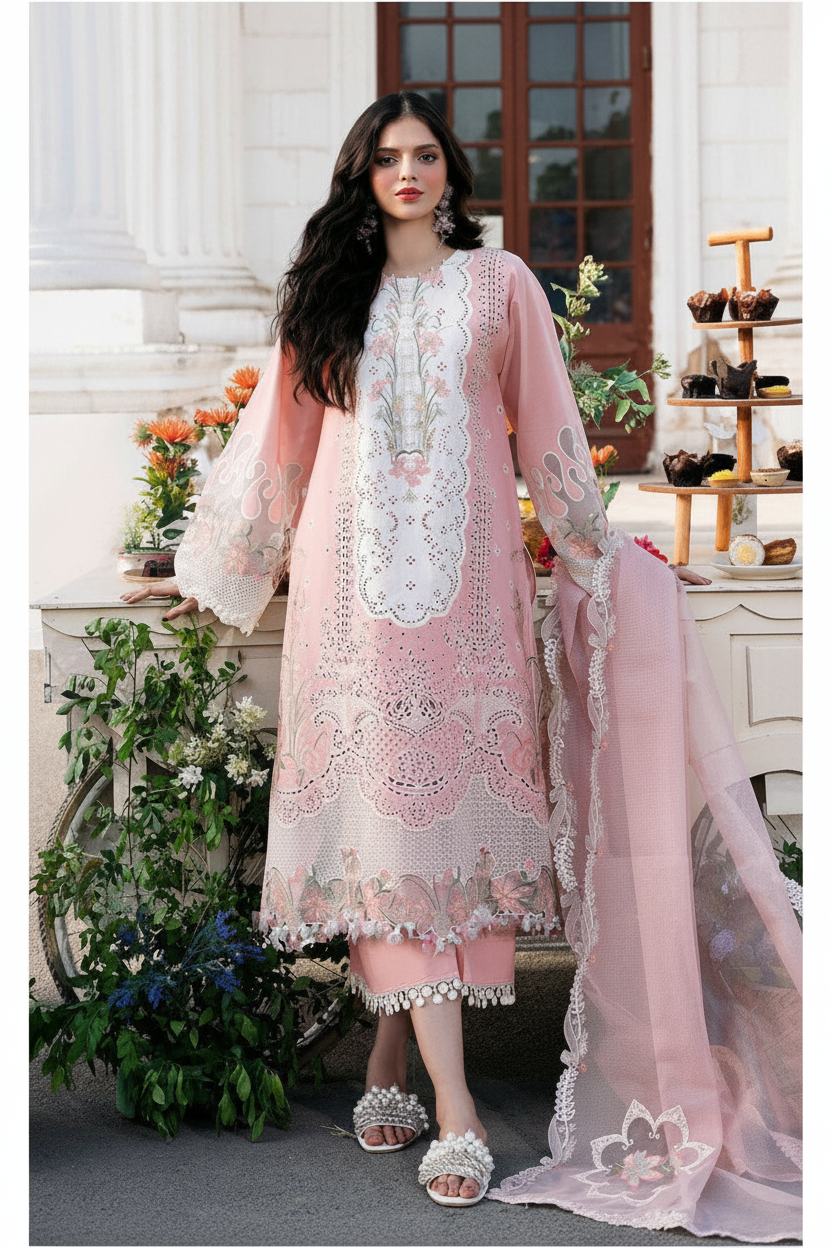 Chicken Kari Fully Embroidered pure Lawn Unstitched 3PC With Heavy Embroidered Khadi Net Dupatta