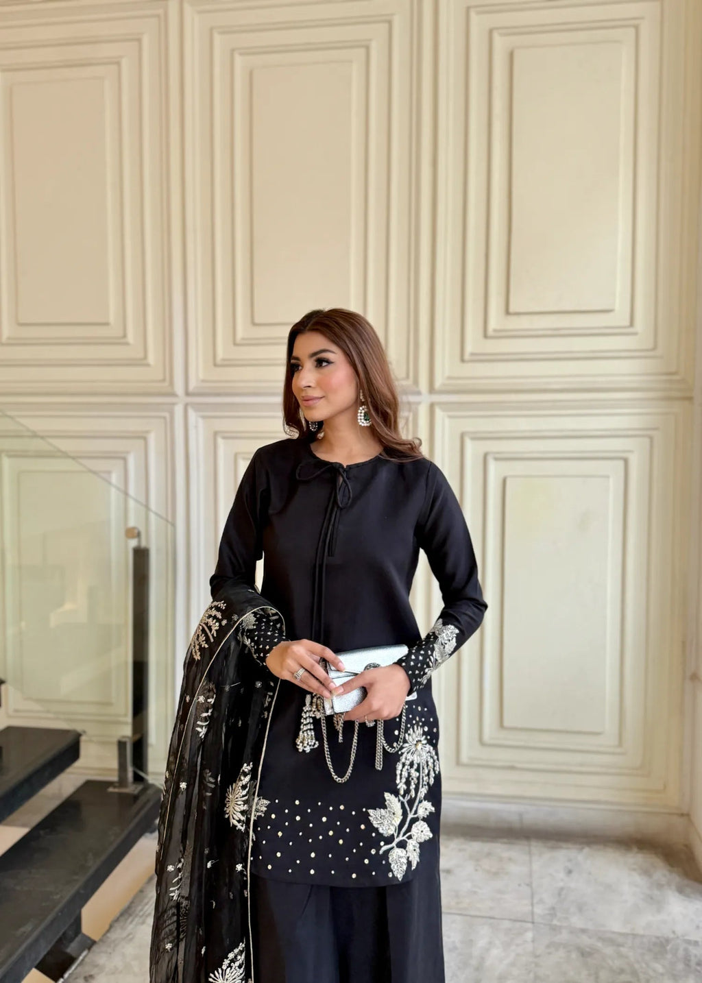 Black Orchard-Sequence Embroidered Lawn Unstitched 3pc with Sequence Embroidered Khadi Net Dupatta
