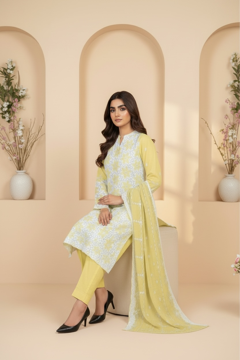 Full Chikankari Embroidered Lawn Unstitched 3pc with Embroidered Bamber Chiffon Dupatta