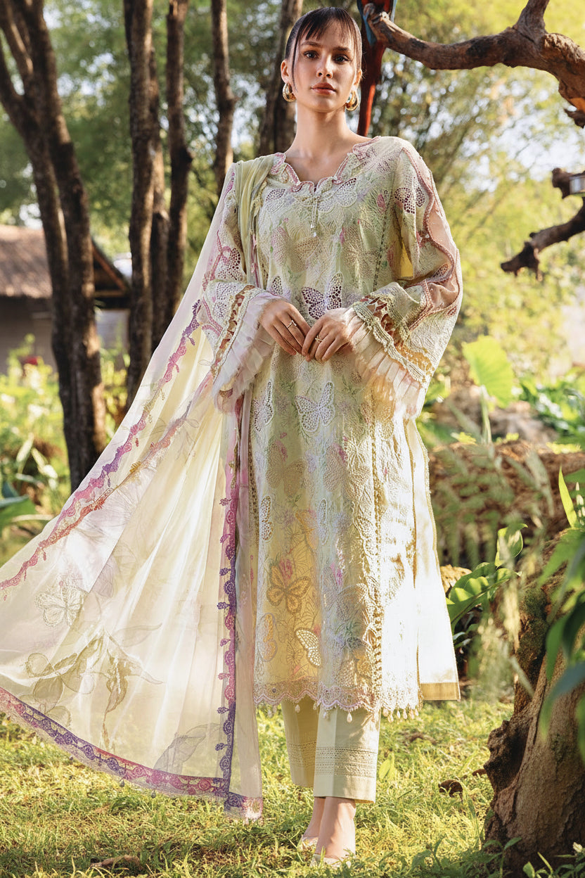 Maria B- Chikankari Embroidered Lawn Unstitched 3pc with Ready to wear Chiffon Dupatta