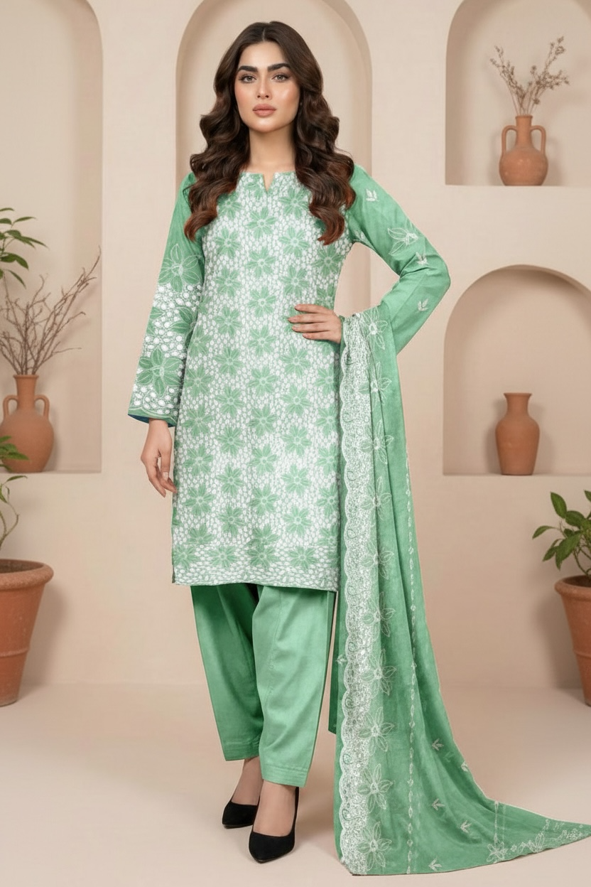 Full Chikankari Embroidered Lawn Unstitched 3pc with Embroidered Bamber Chiffon Dupatta