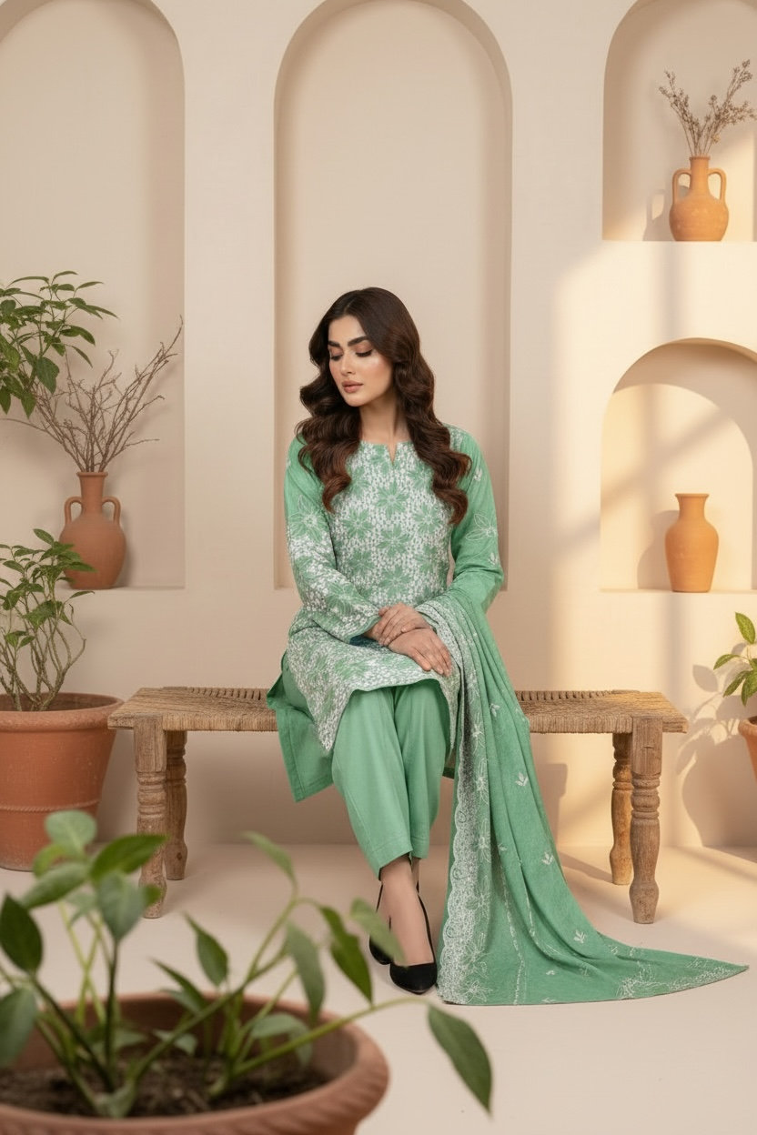 Full Chikankari Embroidered Lawn Unstitched 3pc with Embroidered Bamber Chiffon Dupatta