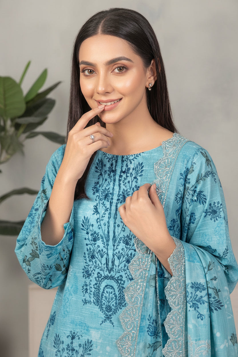 Embroidered Digital Printed Lawn Unstitched 3pc with Ready to wear Bana Dora Voil Dupatta