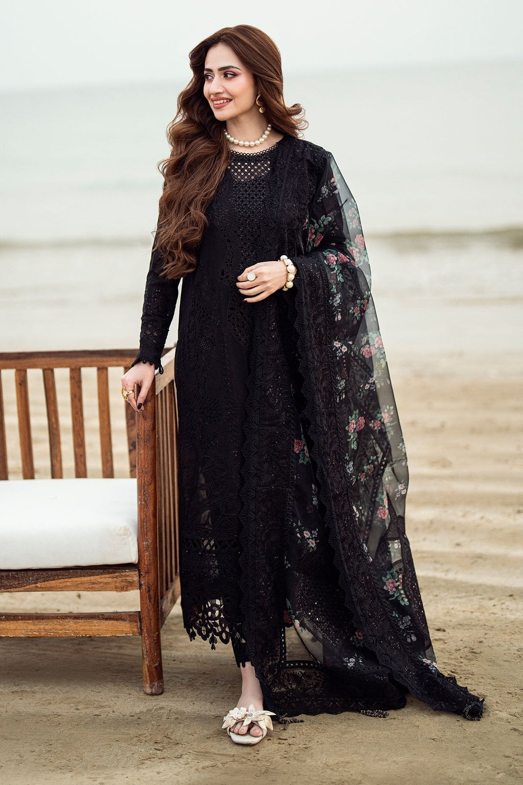 NUREH-Chikenkari Laser Embroidered Lawn 3PC with Cotton Net Printed Dupatta