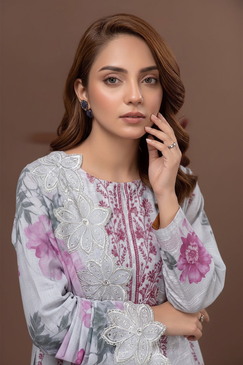 Embroidered Digital Printed Lawn Unstitched 3pc with Ready to wear Bana Dora Dupatta