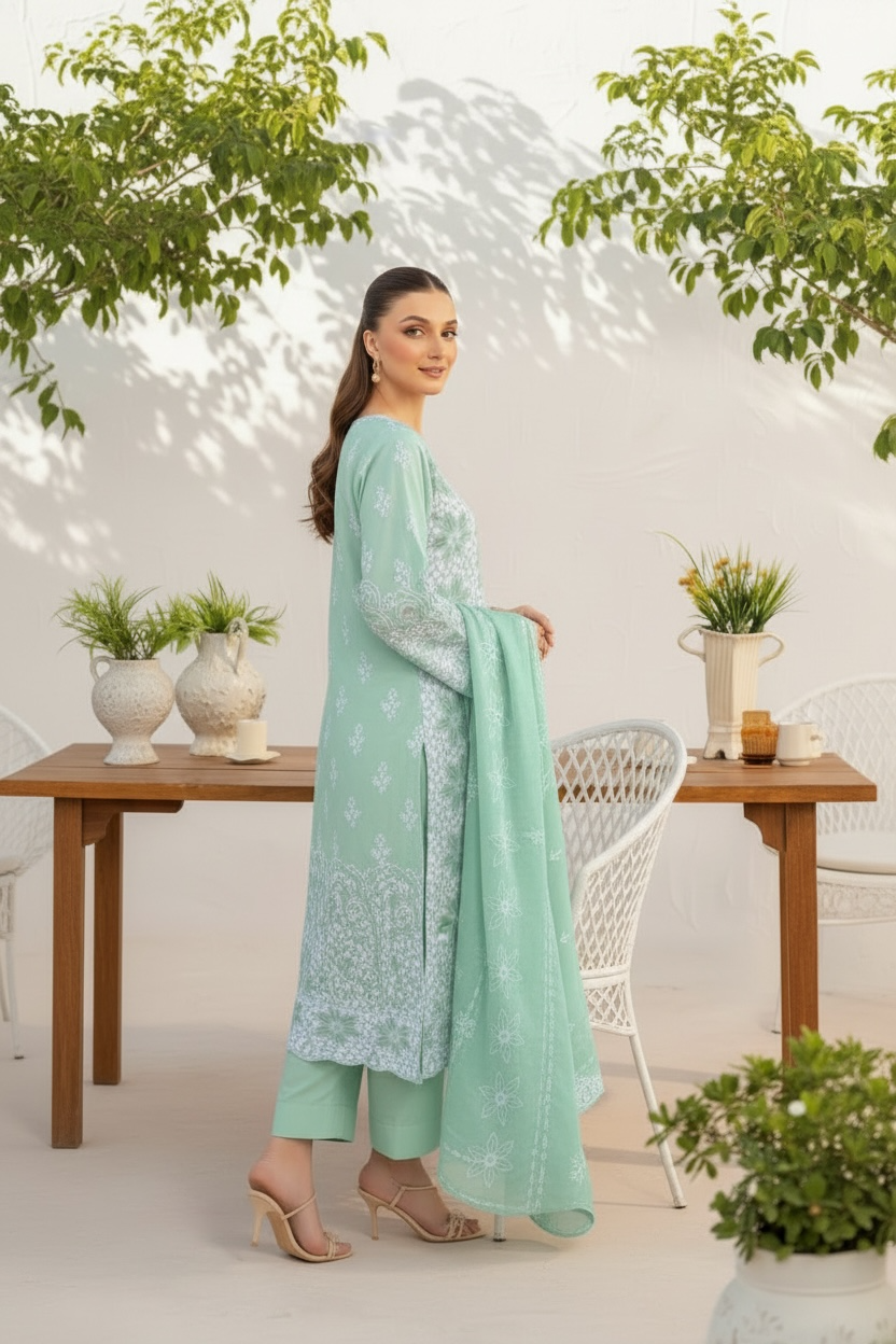 Full Chikankari Embroidered Lawn Unstitched 3pc with Embroidered Bamber Chiffon Dupatta