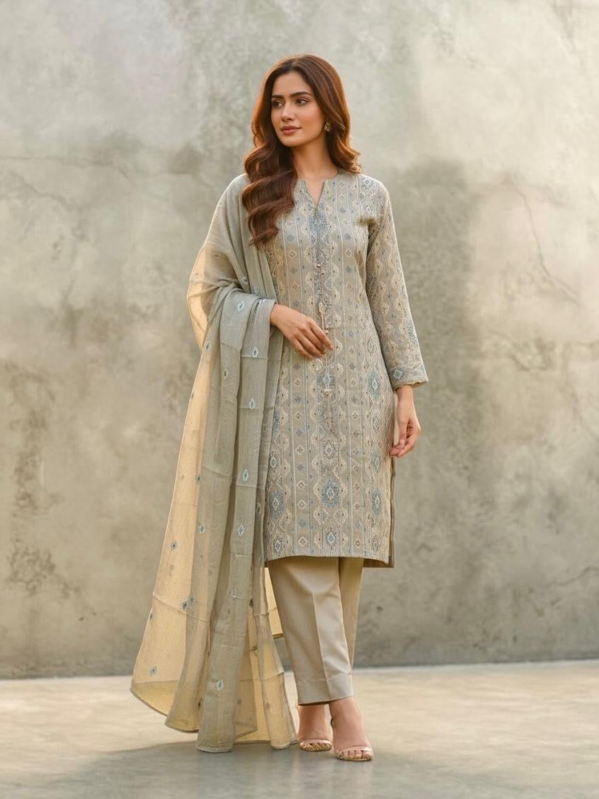 Bareeze-Lawn 3 Pcs All Over Embroidered Unstitched Suit With Embroidered Chiffon Dupatta
