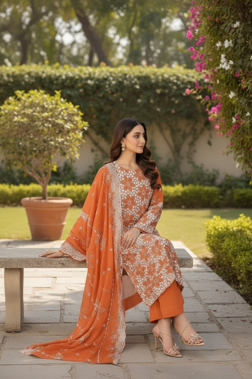 Full Chikankari Embroidered Lawn Unstitched 3pc with Embroidered Bamber Chiffon Dupatta