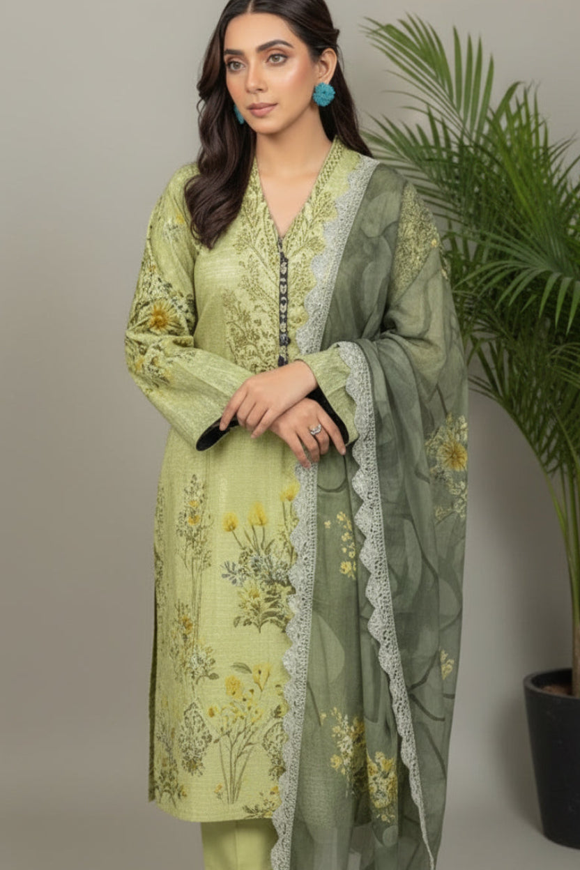 Embroidered Digital Printed Lawn Unstitched 3pc with Ready to wear Bana Dora Voil Dupatta