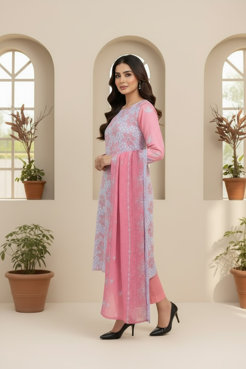 Full Chikankari Embroidered Lawn Unstitched 3pc with Embroidered Bamber Chiffon Dupatta