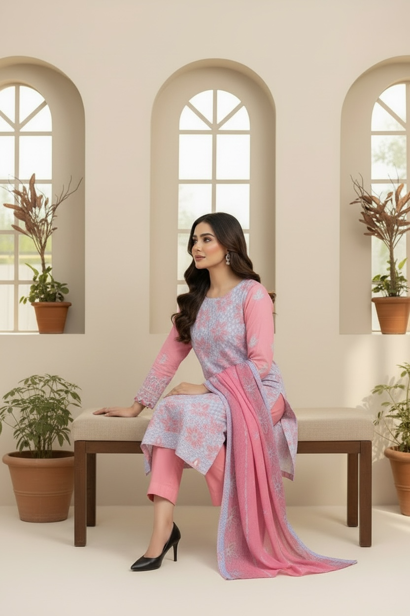 Full Chikankari Embroidered Lawn Unstitched 3pc with Embroidered Bamber Chiffon Dupatta