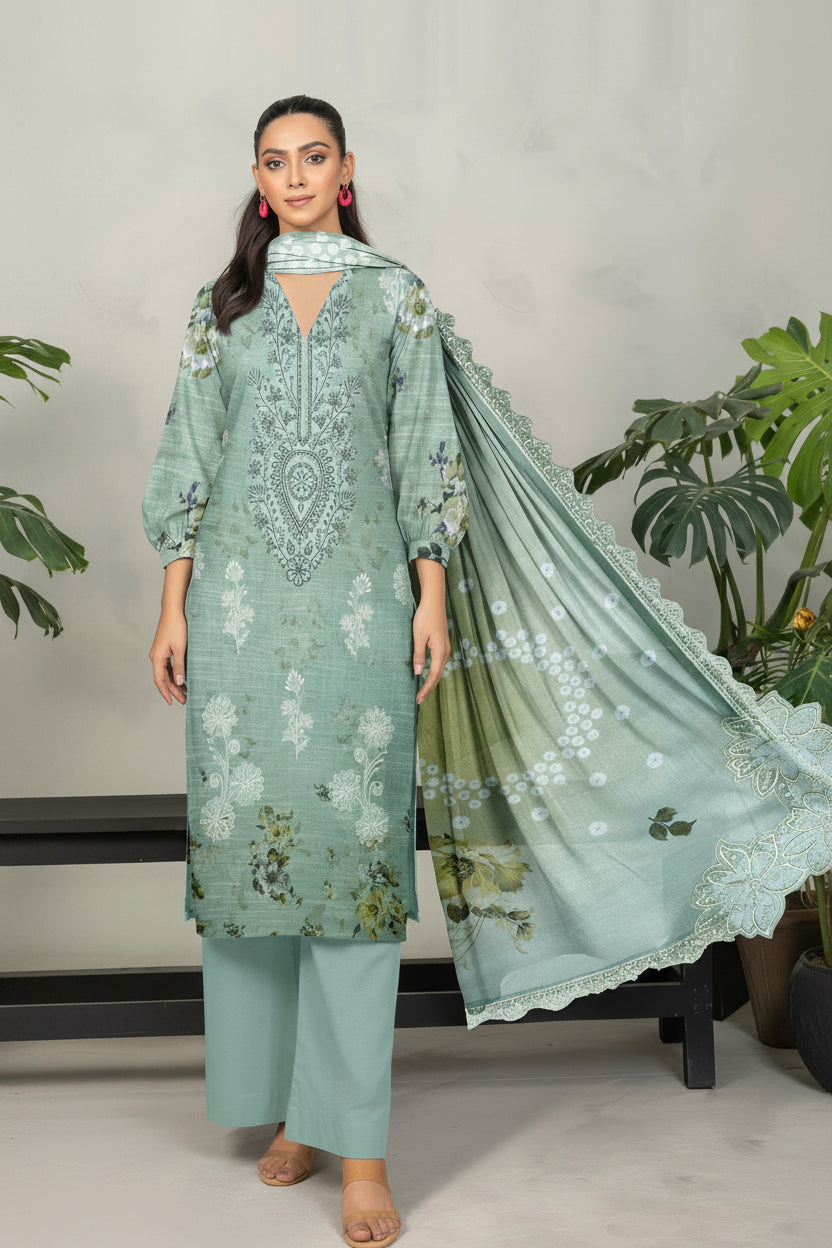 Embroidered Digital Printed Lawn Unstitched 3pc with Ready to wear Bana Dora Voil Dupatta