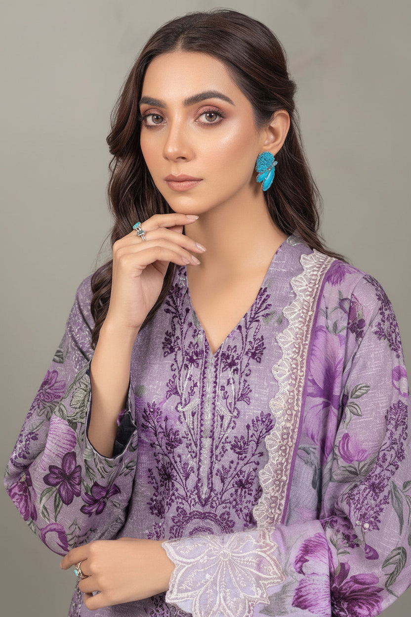 Embroidered Digital Printed Lawn Unstitched 3pc with Ready to wear Bana Dora Voil Dupatta