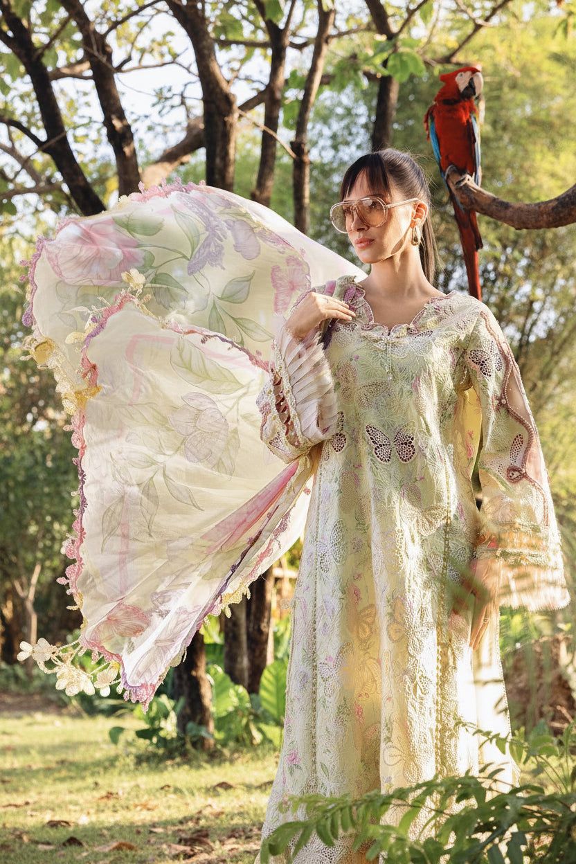 Maria B- Chikankari Embroidered Lawn Unstitched 3pc with Ready to wear Chiffon Dupatta