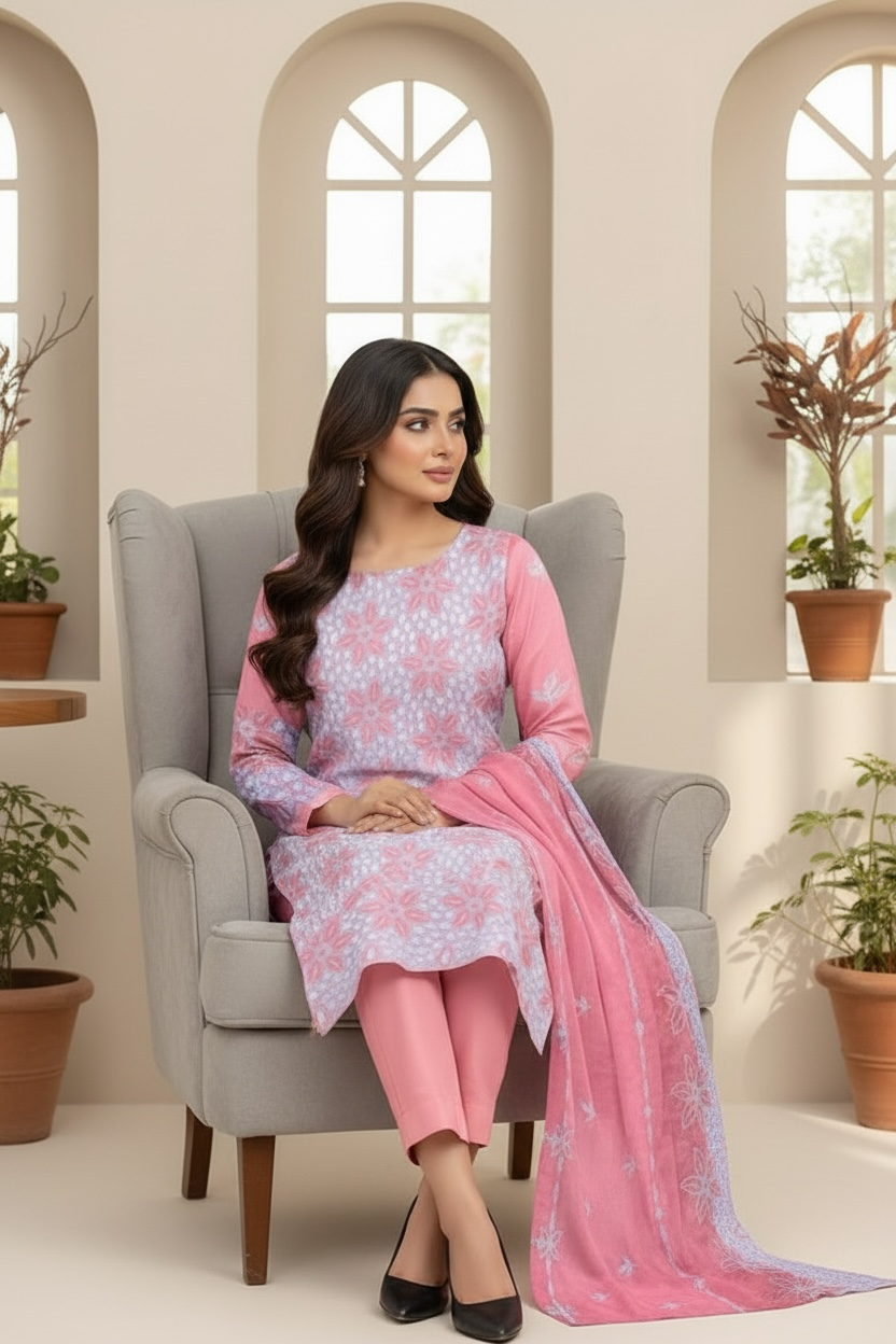 Full Chikankari Embroidered Lawn Unstitched 3pc with Embroidered Bamber Chiffon Dupatta