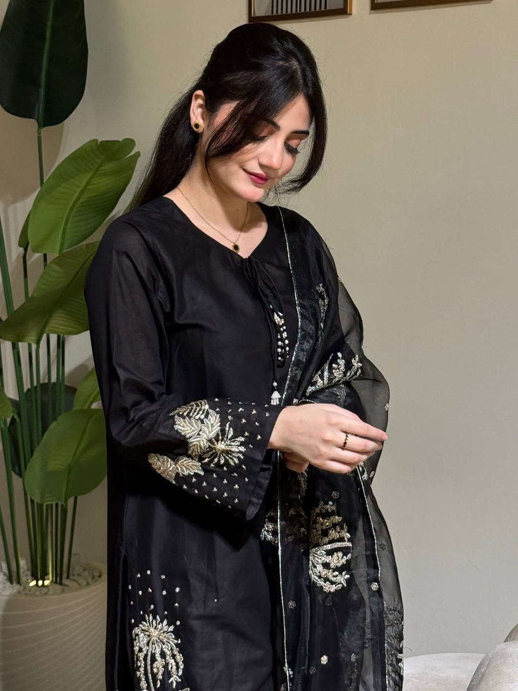 Black Orchard-Sequence Embroidered Lawn Unstitched 3pc with Sequence Embroidered Khadi Net Dupatta