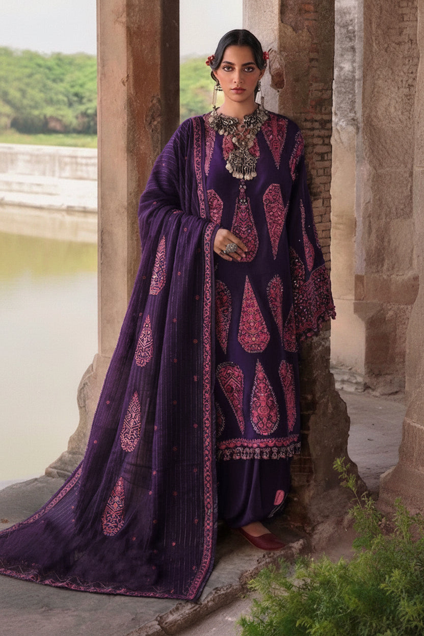 Hussain Rehar-Embroidered Lawn Unstitched 3PC with Embroidered Dupatta