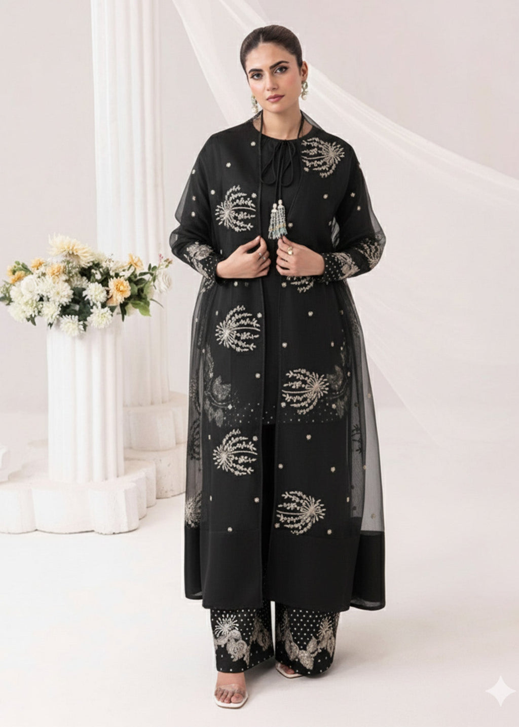 Black Orchard-Sequence Embroidered Lawn Unstitched 3pc with Sequence Embroidered Khadi Net Dupatta
