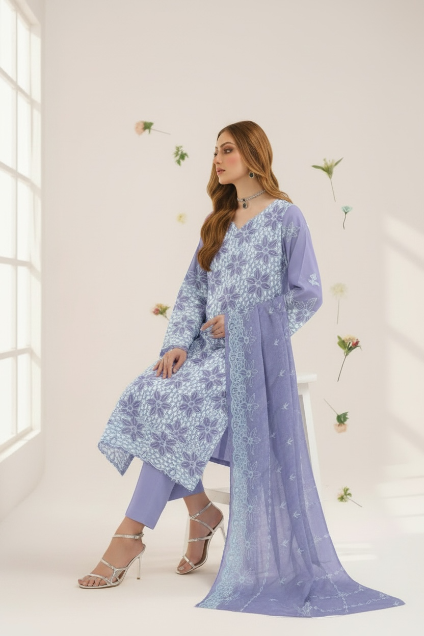 Full Chikankari Embroidered Lawn Unstitched 3pc with Embroidered Bamber Chiffon Dupatta