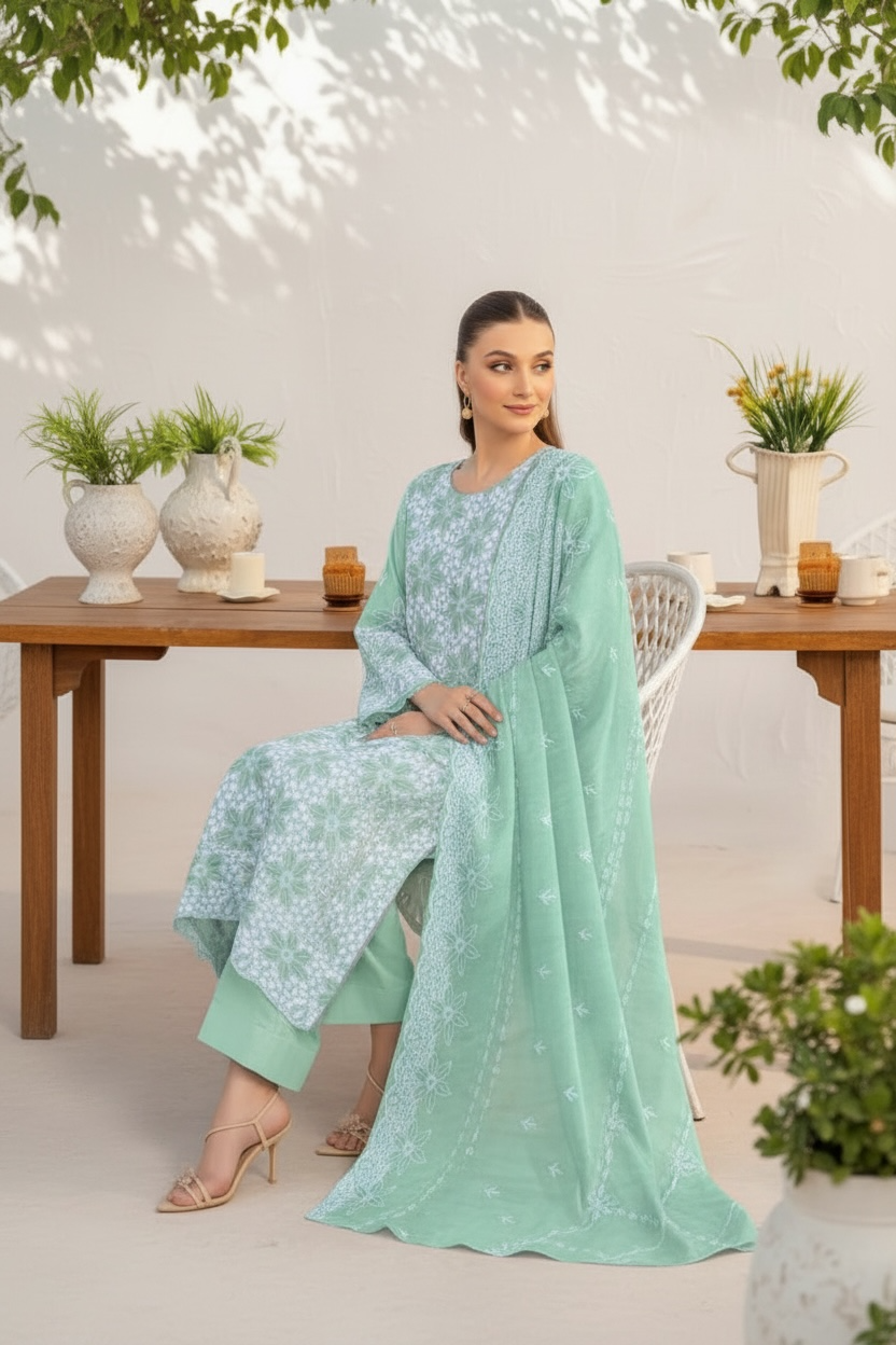 Full Chikankari Embroidered Lawn Unstitched 3pc with Embroidered Bamber Chiffon Dupatta