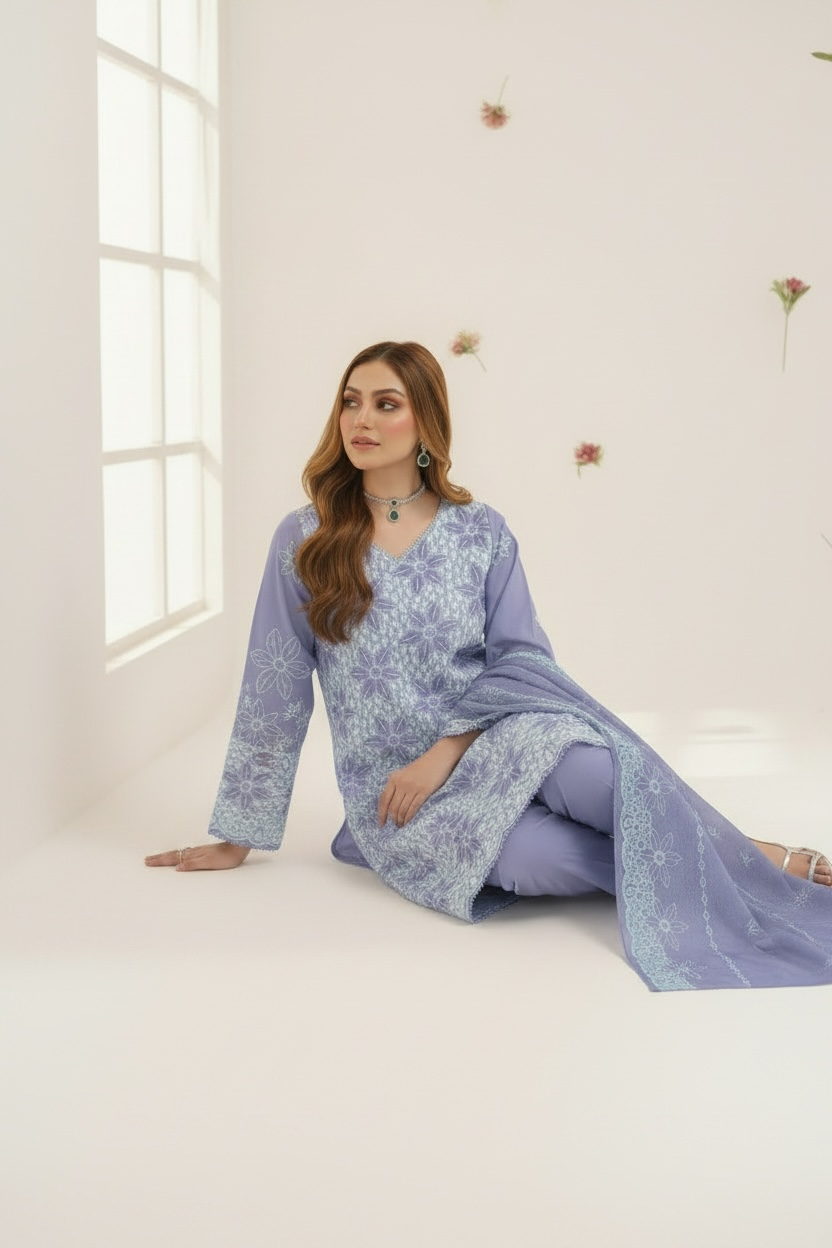 Full Chikankari Embroidered Lawn Unstitched 3pc with Embroidered Bamber Chiffon Dupatta