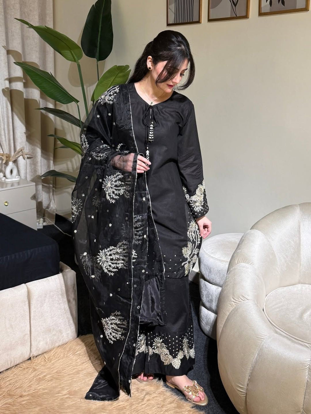 Black Orchard-Sequence Embroidered Lawn Unstitched 3pc with Sequence Embroidered Khadi Net Dupatta